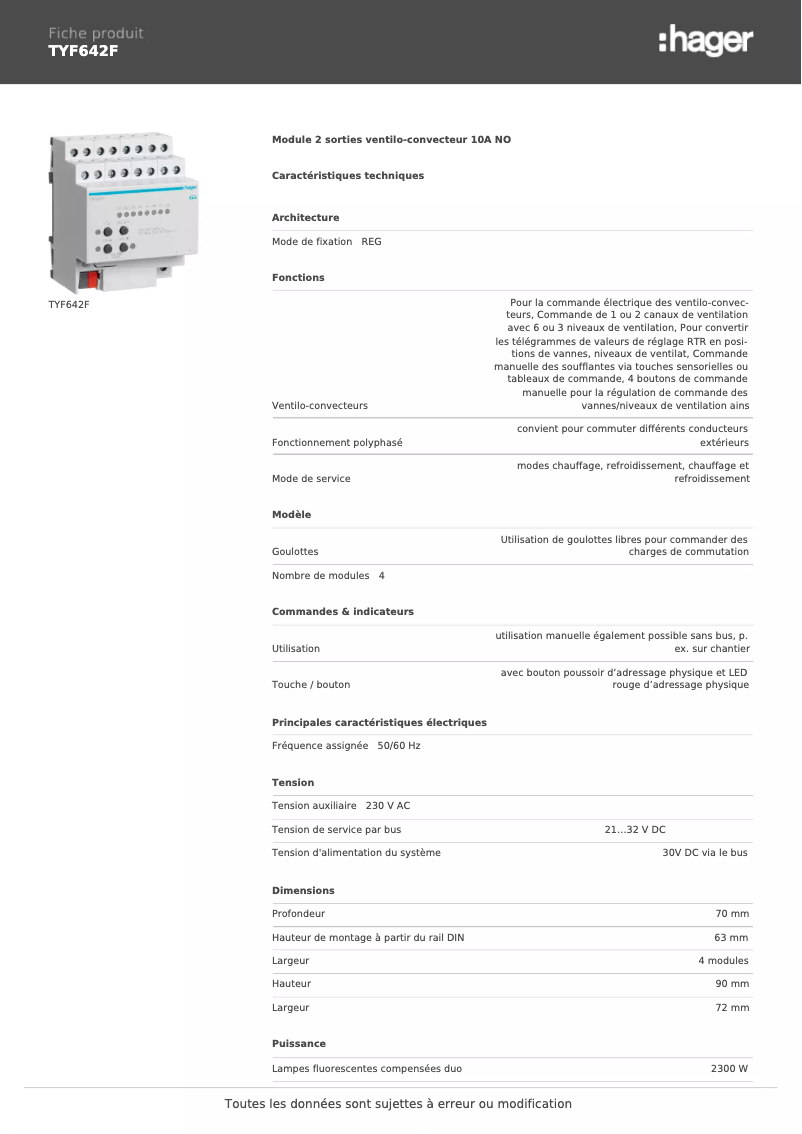 Page n°1 - Fiche technique Hager TYF642F