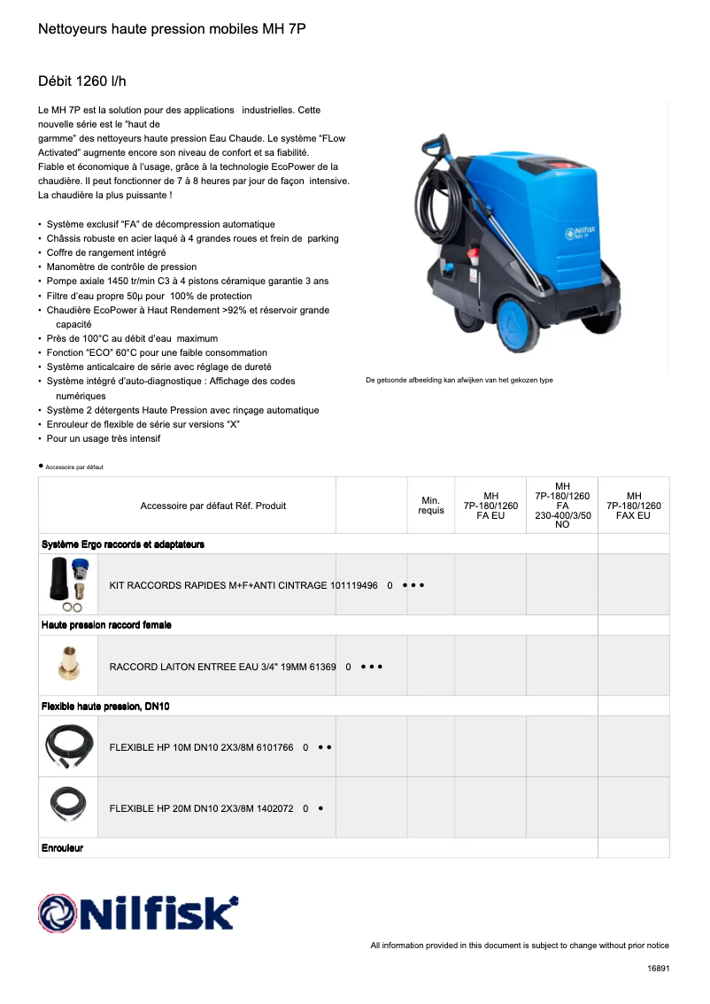 Page 1 de la notice Fiche technique Nilfisk MH 7P