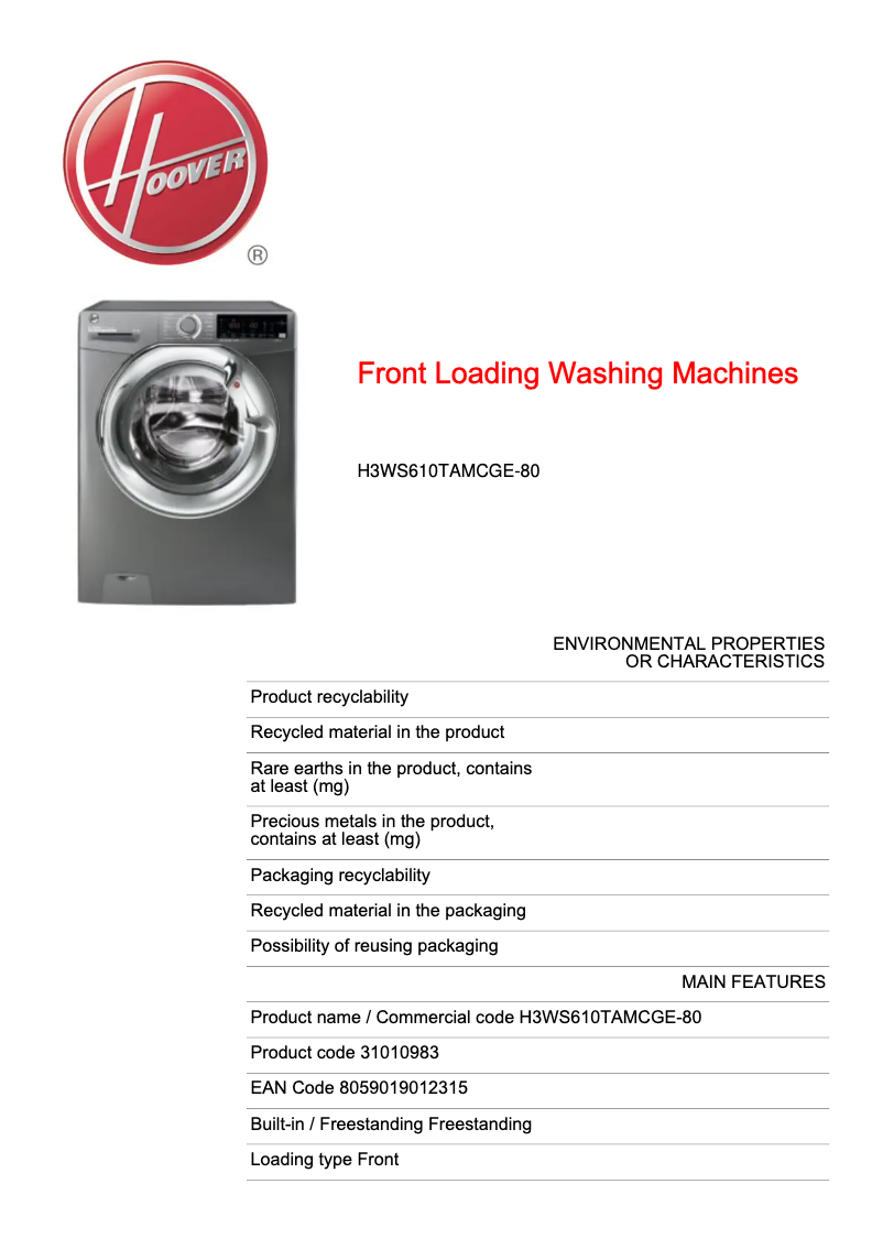 Page n°1 - Fiche technique Hoover H-WASH 300 PLUS H3WS610TAMCGE-80