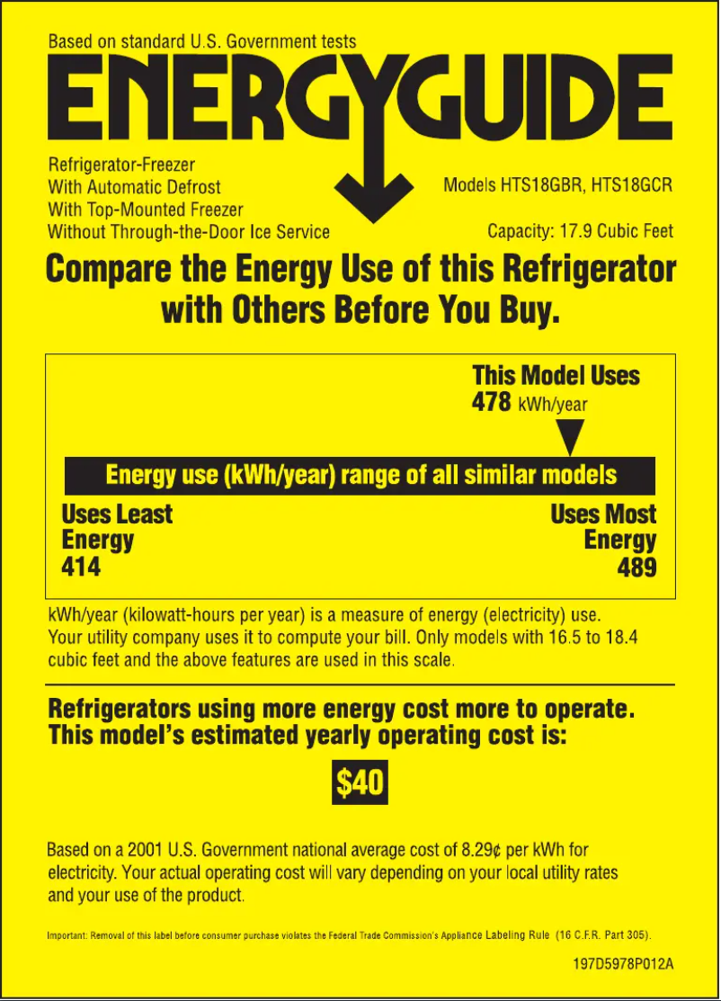 Page 1 de la notice Label énergétique Hotpoint HTS18GBRWW