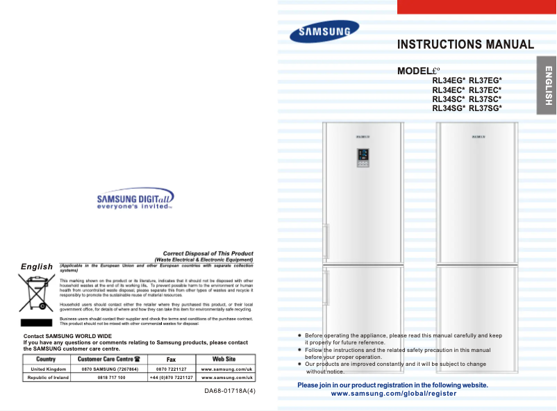 Page 1 de la notice Manuel utilisateur Samsung RL37SGSW