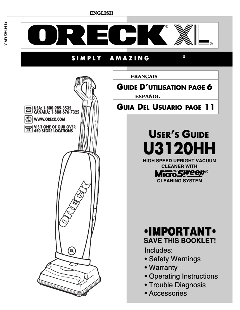 Page 1 de la notice Manuel utilisateur Oreck Black Deluxe Vacuum U3120HH