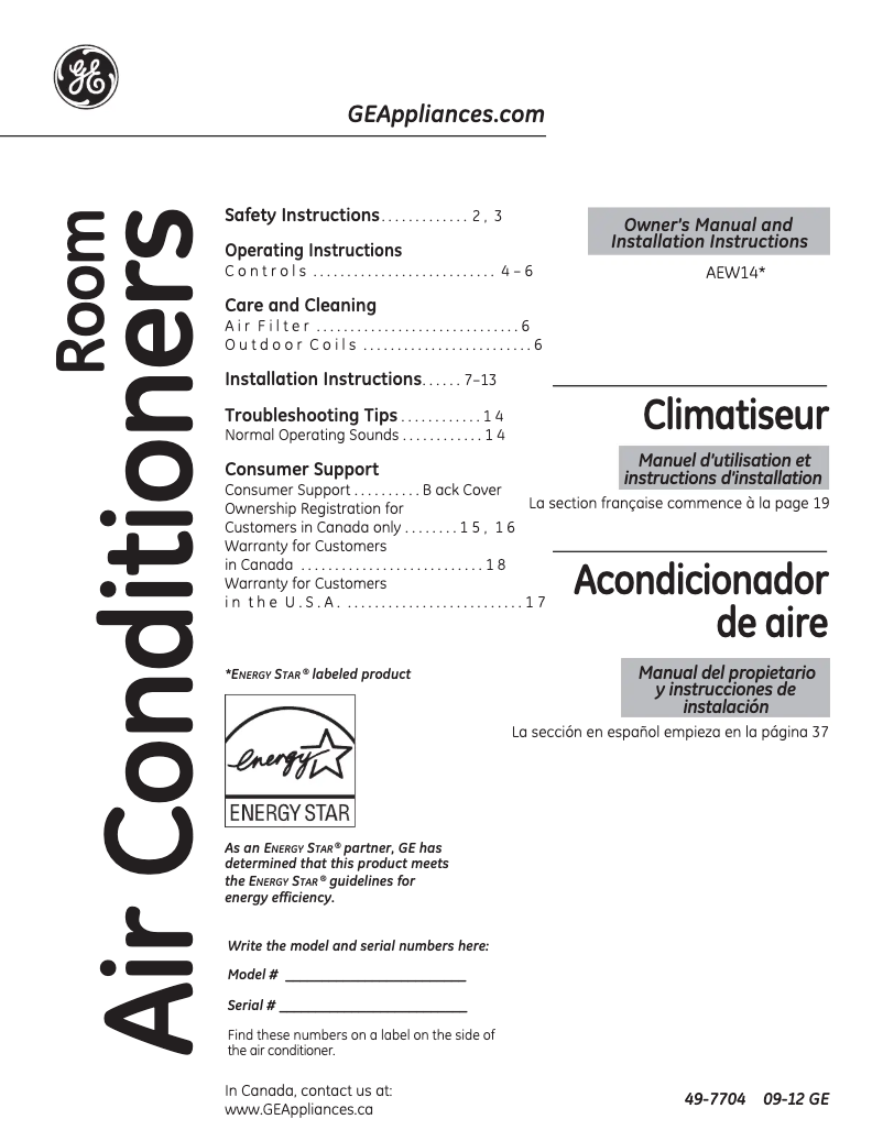 Page n°1 - Guide d'installation GE AEW14AR