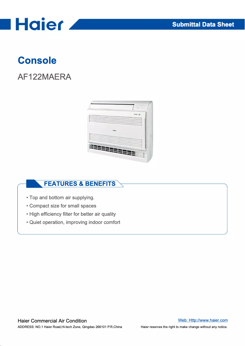 Page 1 de la notice Manuel utilisateur Haier AF122MAERA