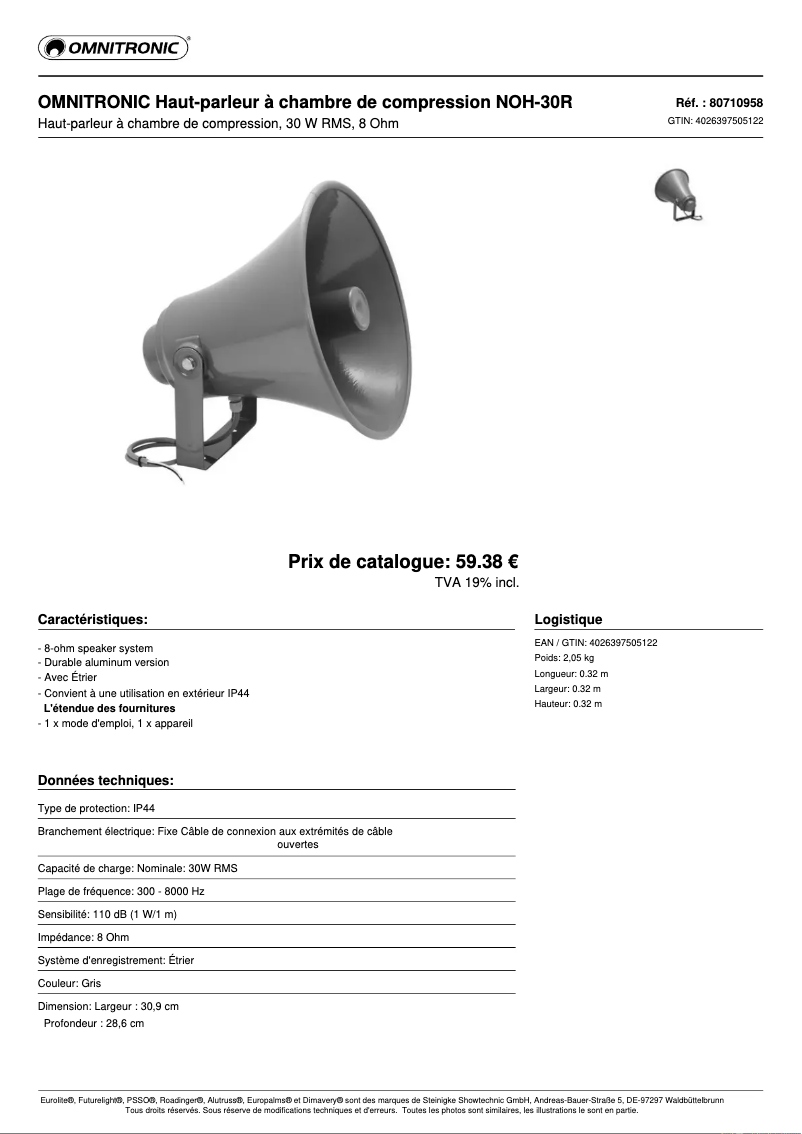 Page 1 de la notice Fiche technique Omnitronic NOH-30R