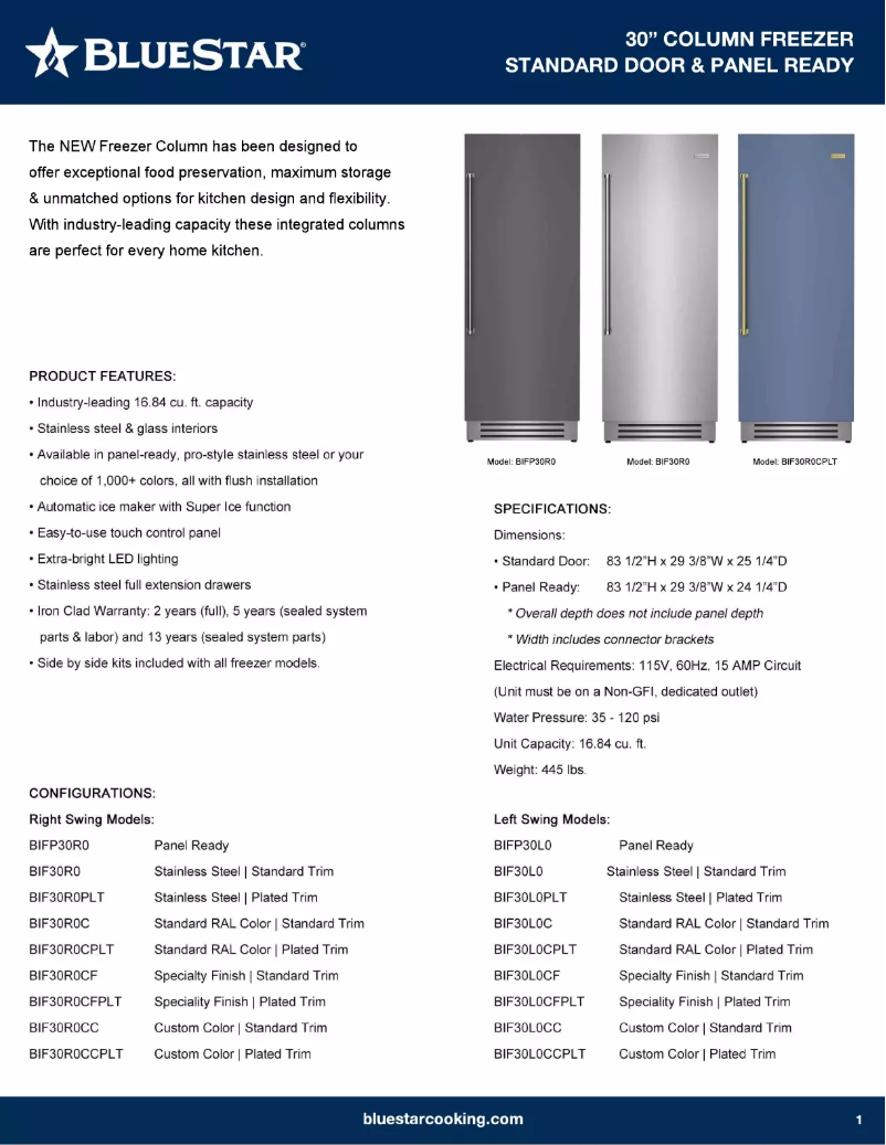 Página 1 del manual Ficha técnica BlueStar BIFP30L0