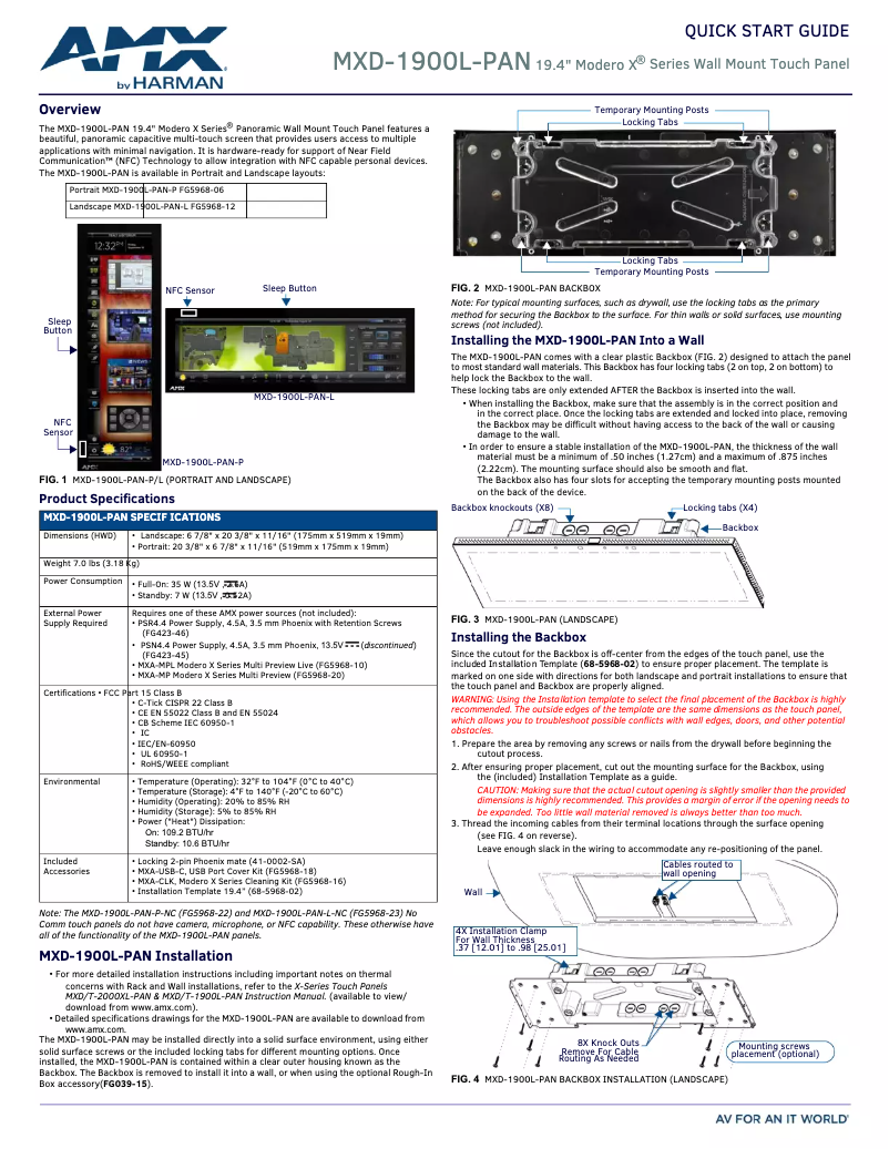 Page 1 de la notice Guide de démarrage rapide AMX MXD-1900L-PAN-NC