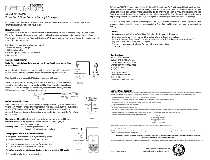 Page 1 de la notice Manuel utilisateur Lenmar PowerPort Slim