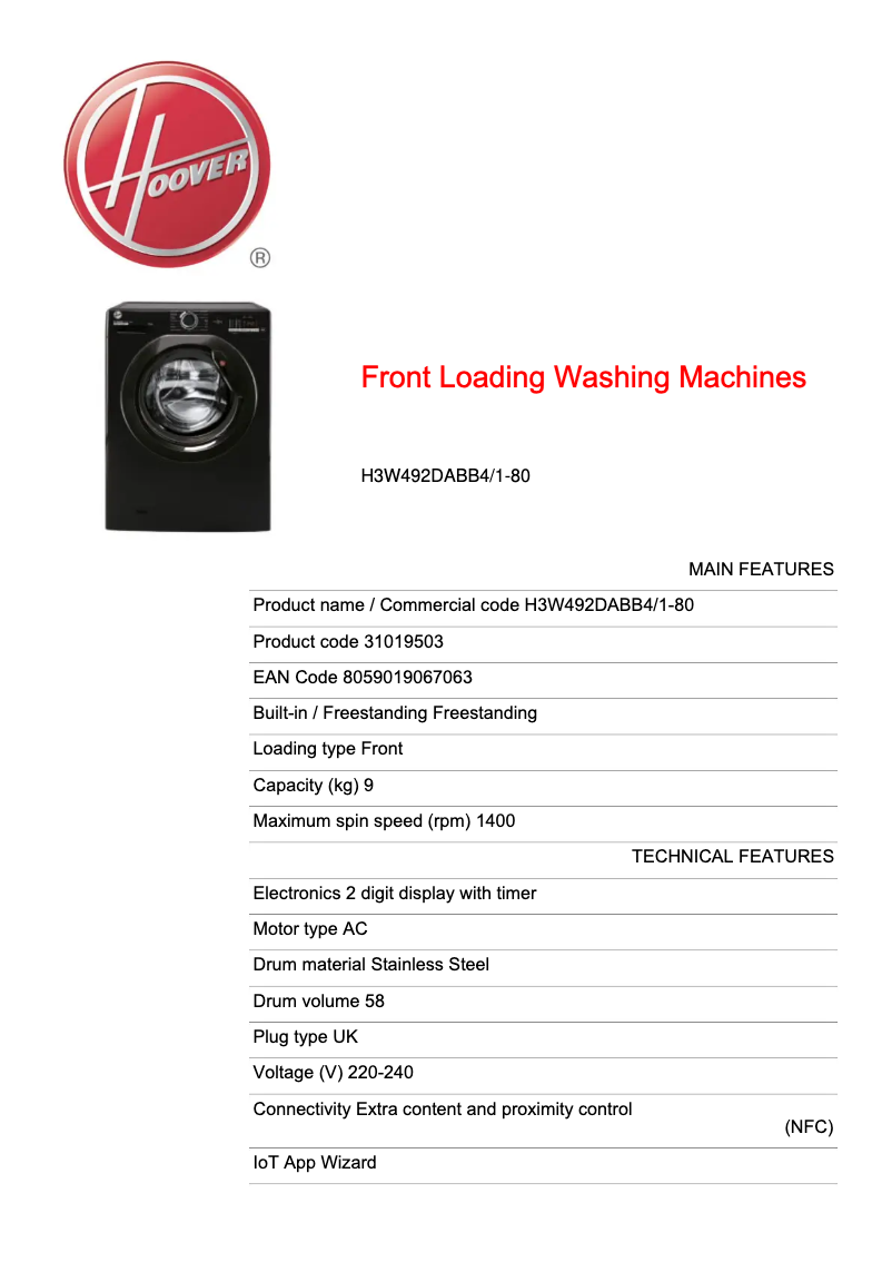 Page n°1 - Fiche technique Hoover H3W492DABB4/1-80