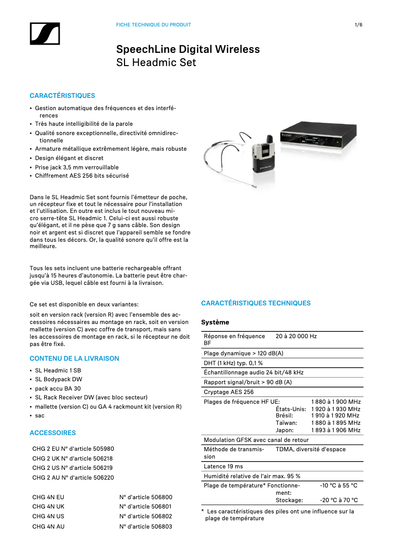 Page n°1 - Fiche technique Sennheiser SL Headmic 1