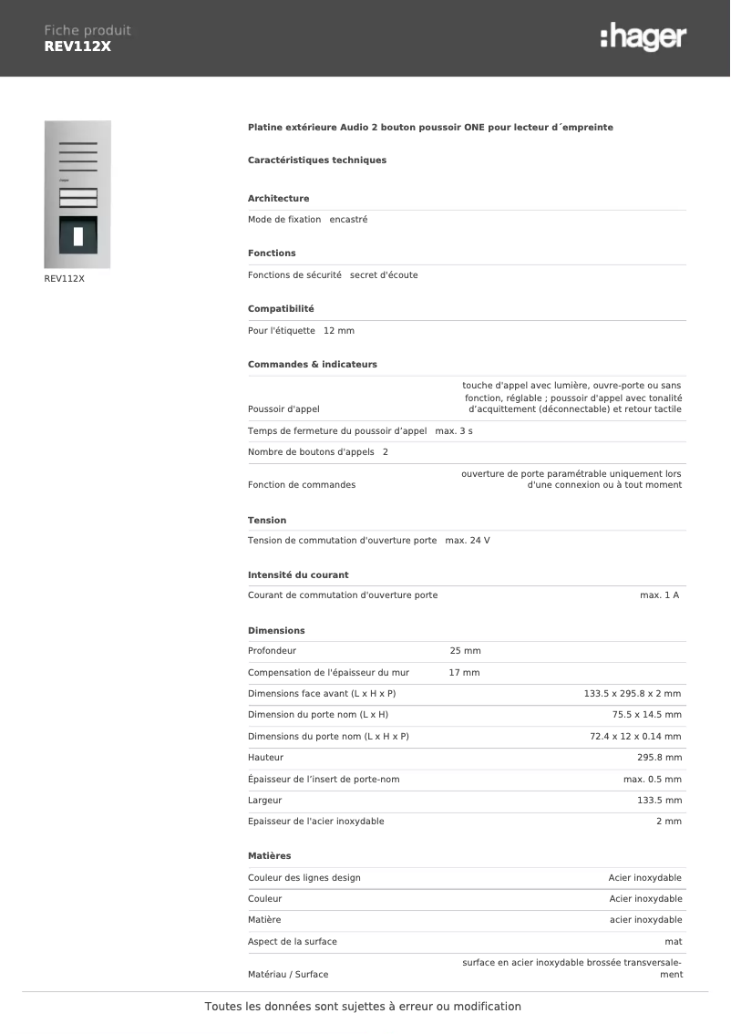 Page n°1 - Fiche technique Hager REV112X