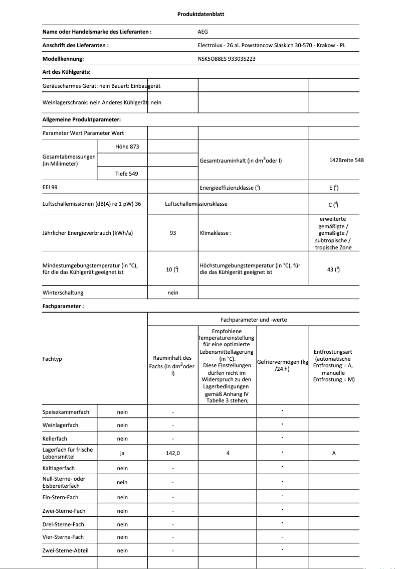Page 1 de la notice Fiche technique AEG NSK5O88ES