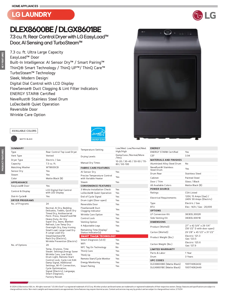 Page 1 de la notice Fiche technique LG DLEX8600BE
