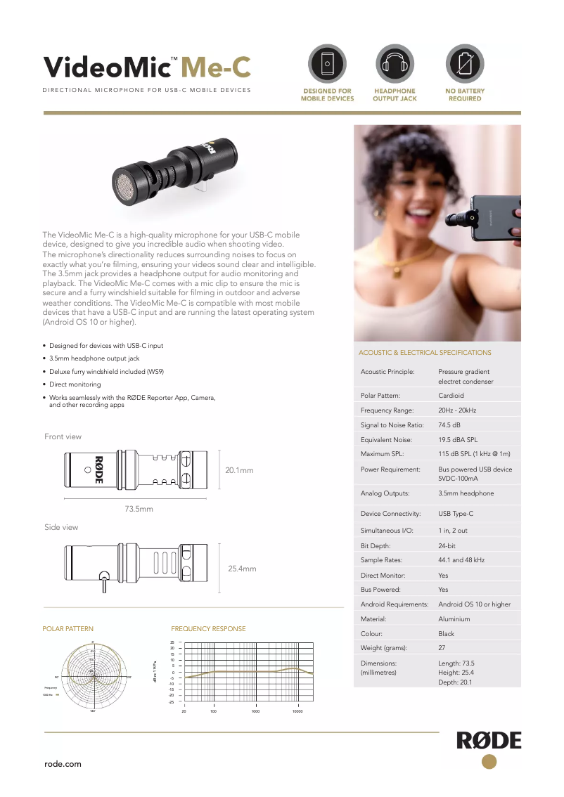 Page 1 de la notice Fiche technique Røde VideoMic Me-C