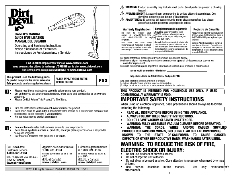Page n°1 - Manuel utilisateur Dirt Devil BD20050