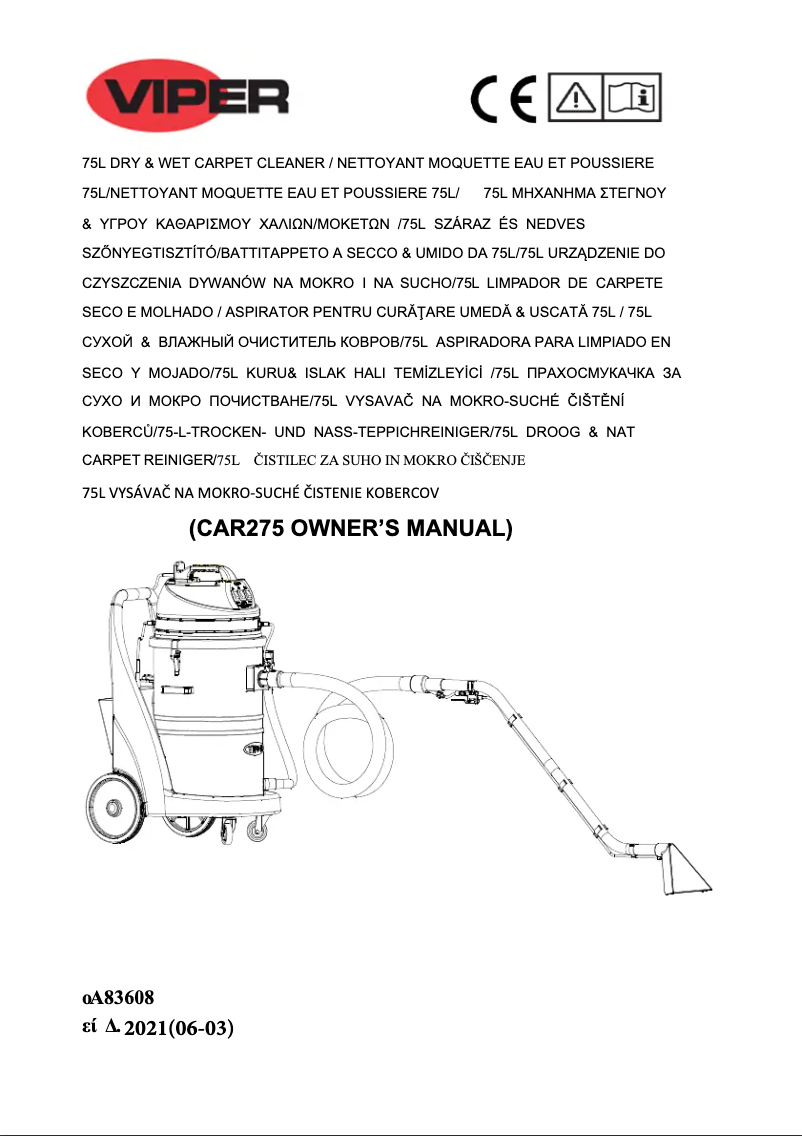 Page 1 de la notice Manuel utilisateur Nilfisk Viper CAR275