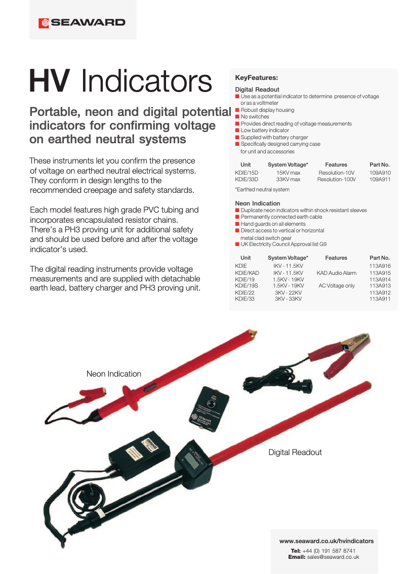 Page 1 de la notice Fiche technique Seaward KD1E/KAD