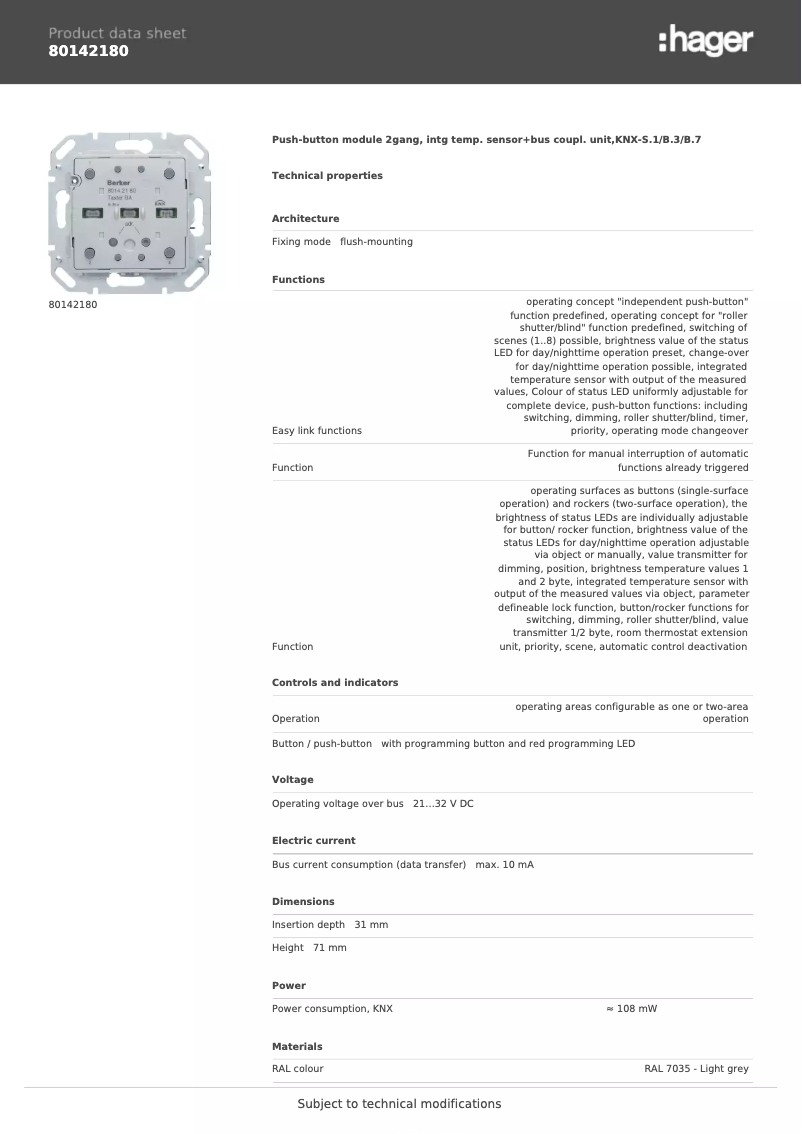 Page n°1 - Fiche technique Berker 80142180
