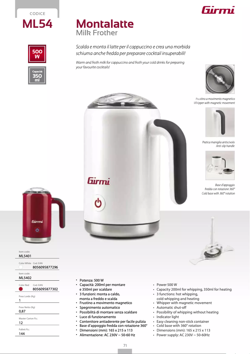 Page 1 de la notice Fiche technique Girmi ML54