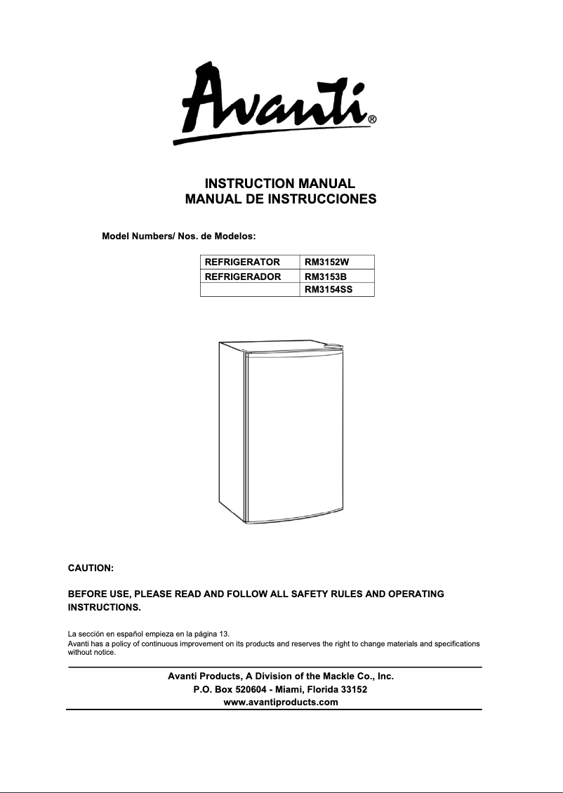 Page 1 de la notice Manuel utilisateur Avanti RM3152W