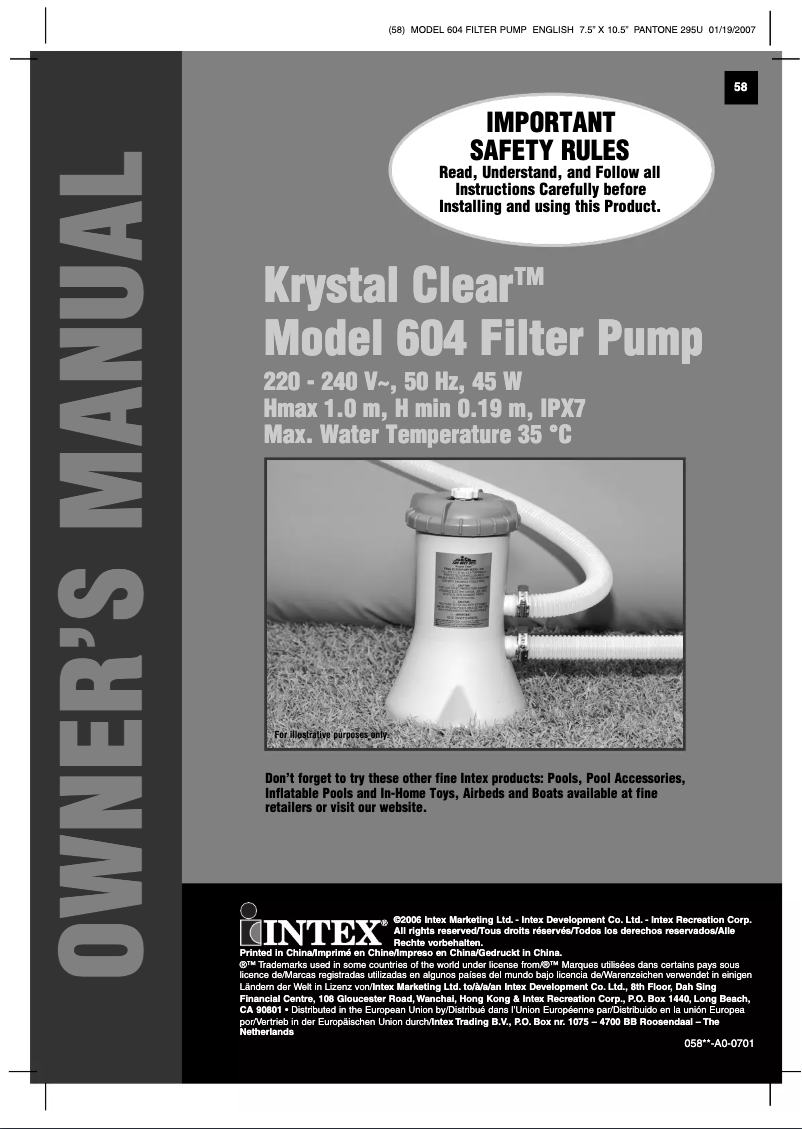 Page n°1 - Manuel utilisateur Intex Krystal Clear 604