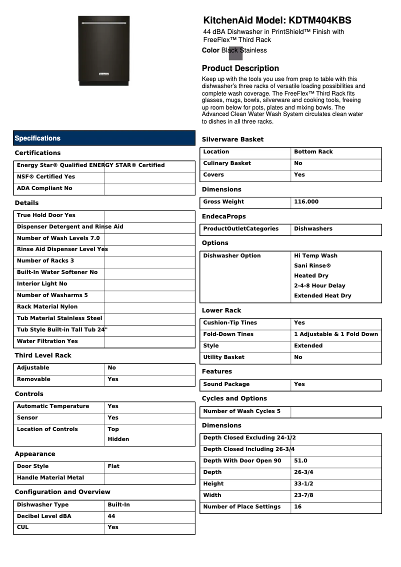 Página 1 del manual Ficha técnica KitchenAid KDTM404KBS