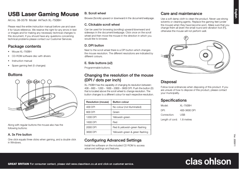 Page n°1 - Manuel utilisateur A4Tech XL-750BH