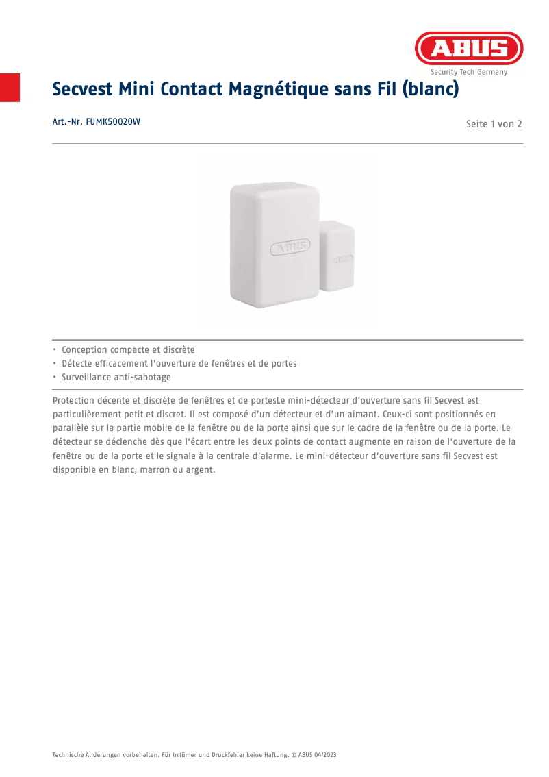 Página 1 del manual Ficha técnica Abus FUMK50020