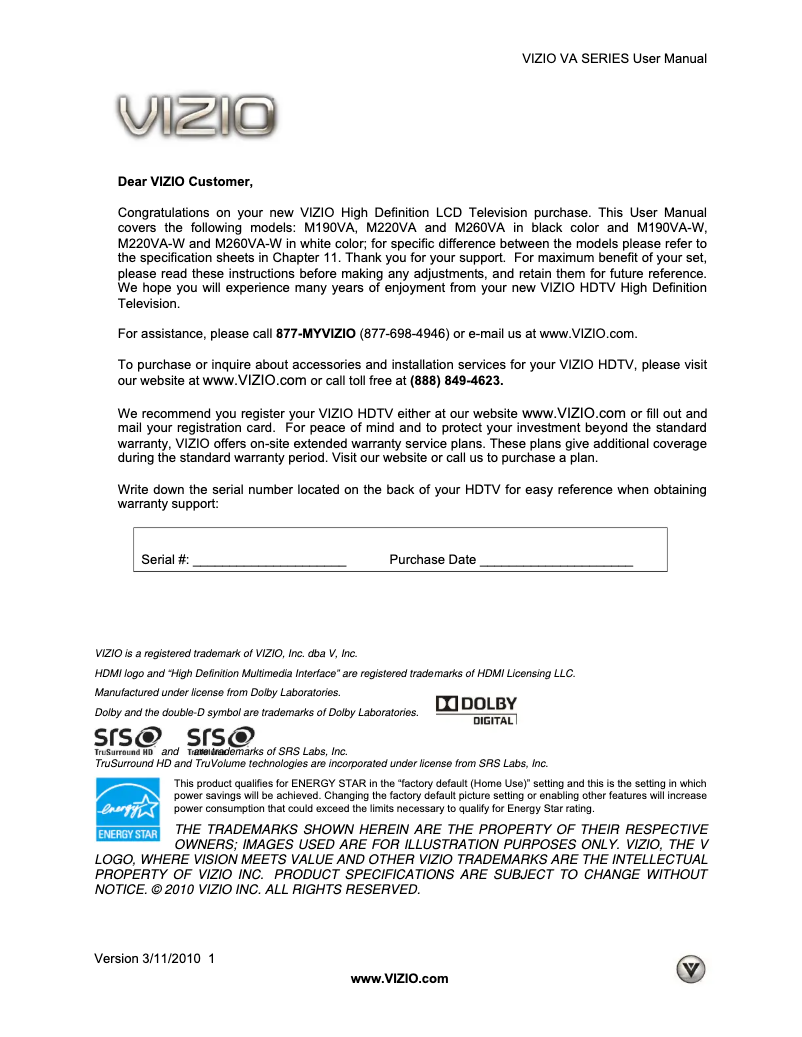 Page n°1 - Manuel utilisateur VIZIO M220VA-W