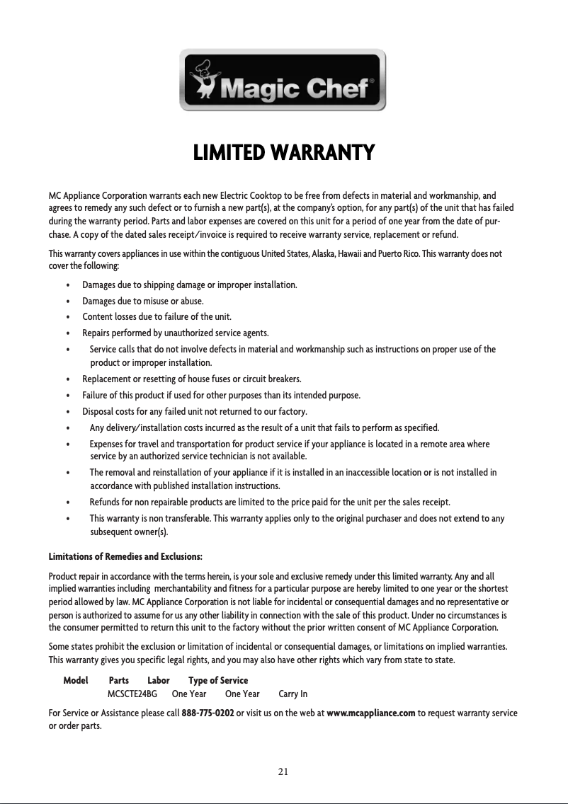 Page 1 de la notice Informations de garantie Magic Chef MCSCTE24BG