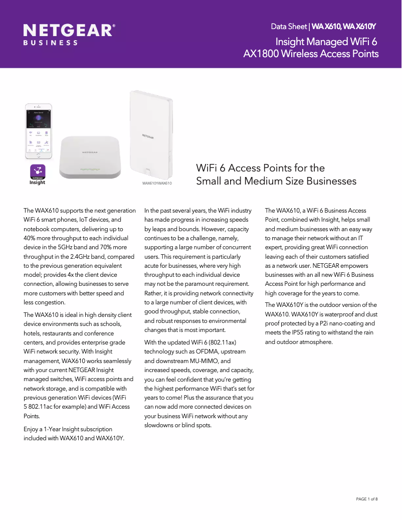 Page 1 de la notice Fiche technique Netgear WAX610Y