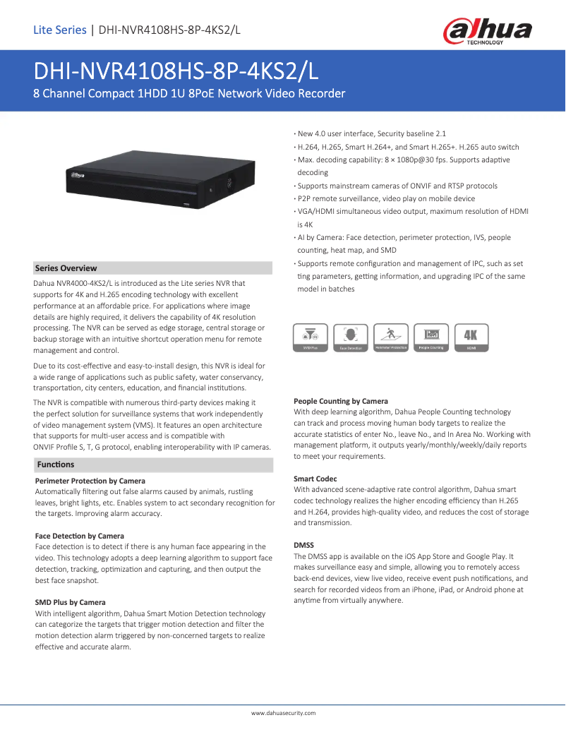 Page 1 de la notice Fiche technique Dahua Technology NVR4108HS-8P-4KS2/L