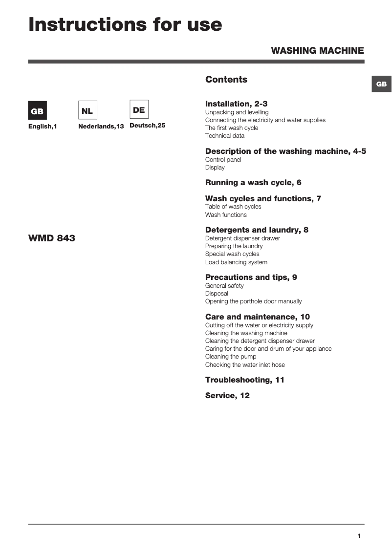 Image de la première page du manuel de l'appareil Maxi WMD 843B EU