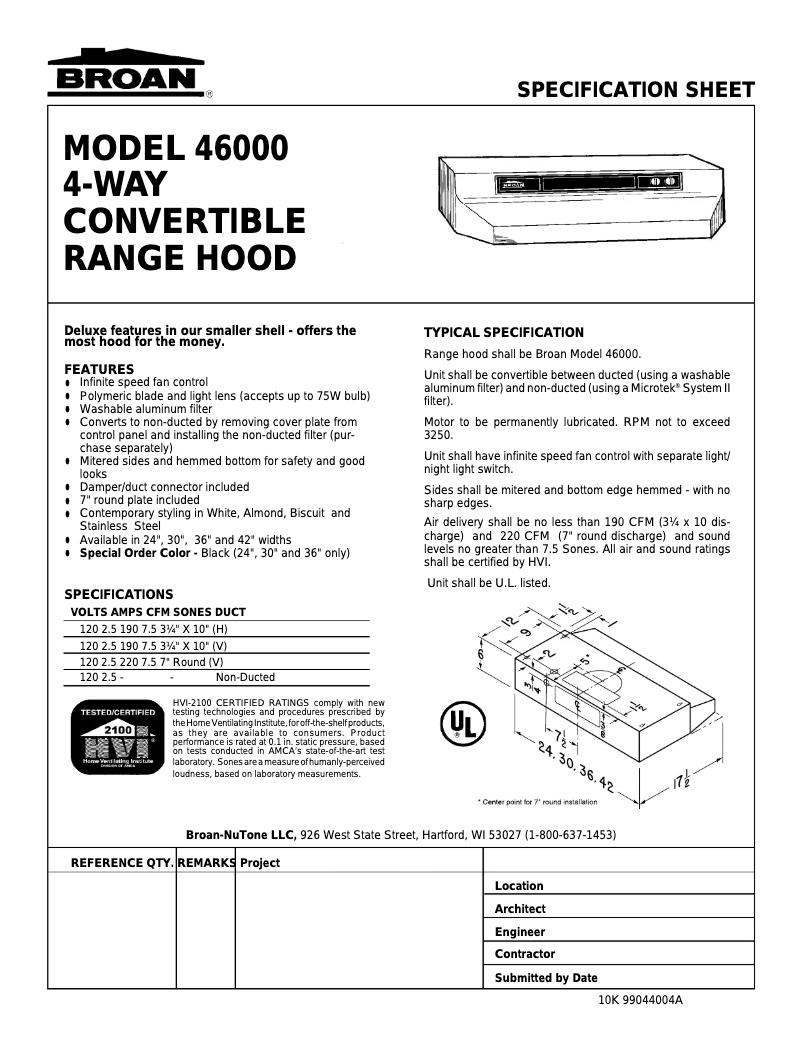 Page n°1 - Fiche technique Broan 464204