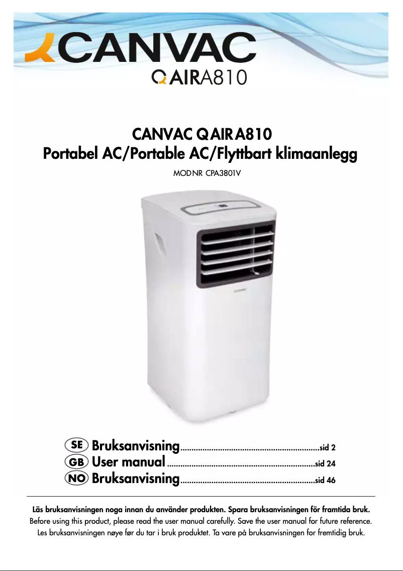 Page 1 de la notice Manuel utilisateur Canvac Q Air A810