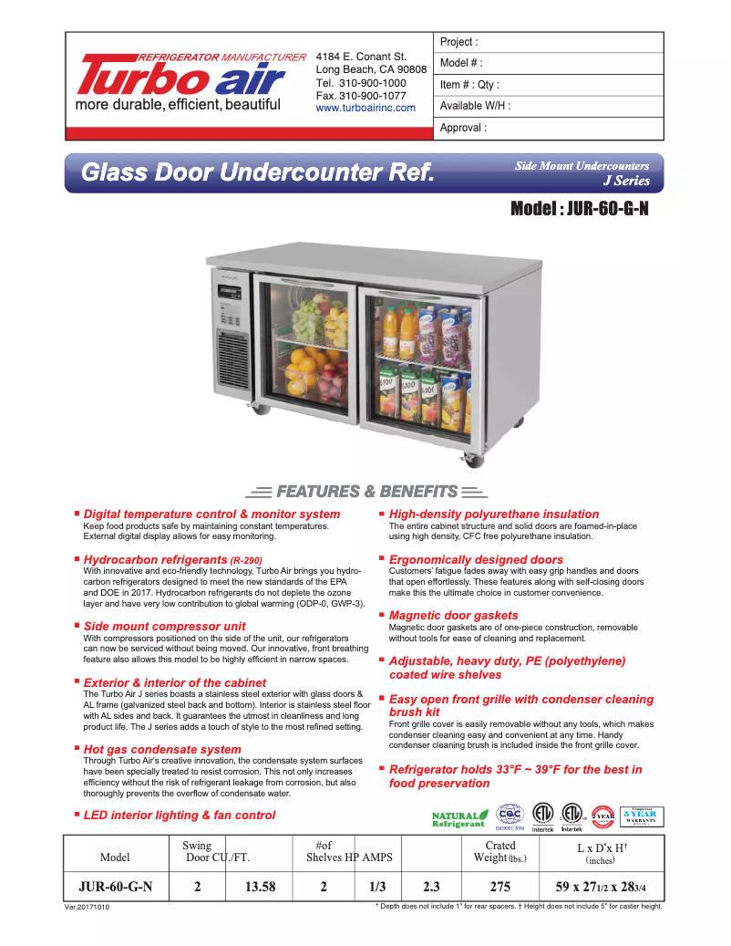 Página 1 del manual Ficha técnica Turbo air JUR-60-G