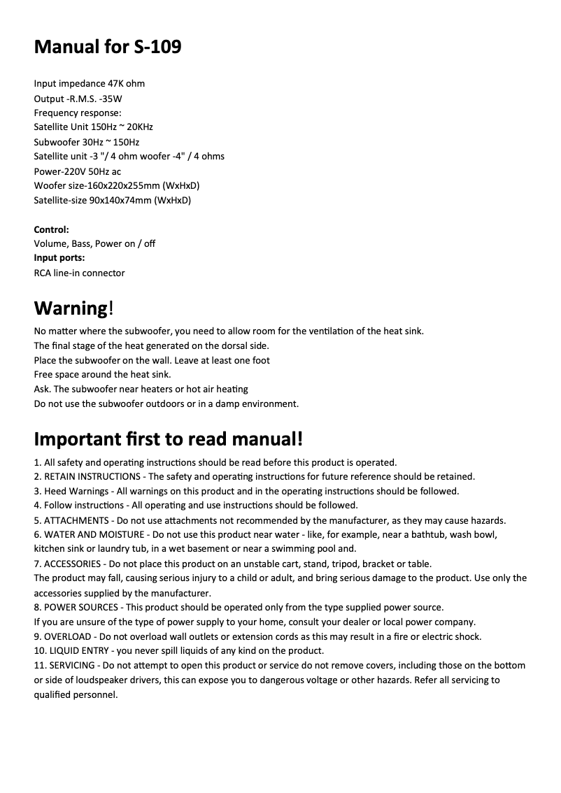 Page 1 de la notice Manuel utilisateur Wintech S-109