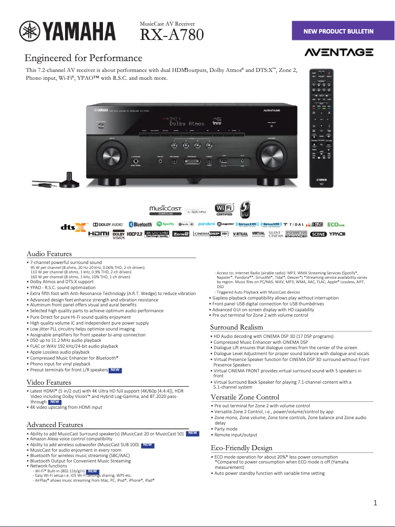 Page 1 de la notice Fiche technique Yamaha RX-A680