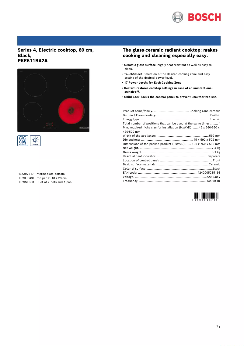 Page 1 de la notice Fiche technique Bosch PKE611BA2A