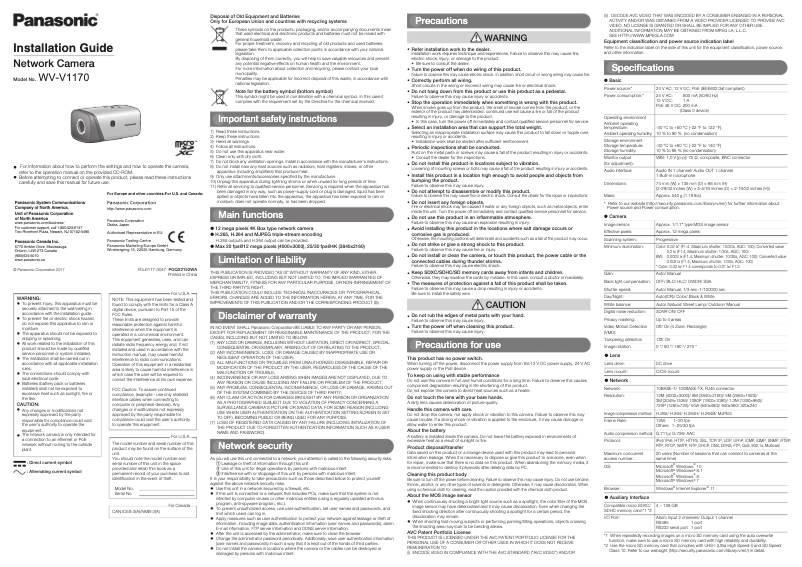 Page 1 de la notice Manuel utilisateur Panasonic WV-V1170