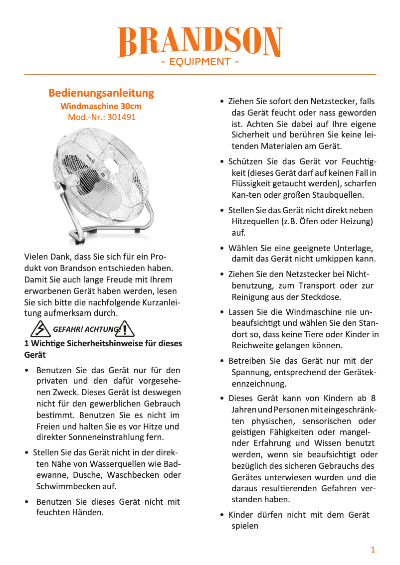 Page 1 de la notice Manuel utilisateur Brandson 301491