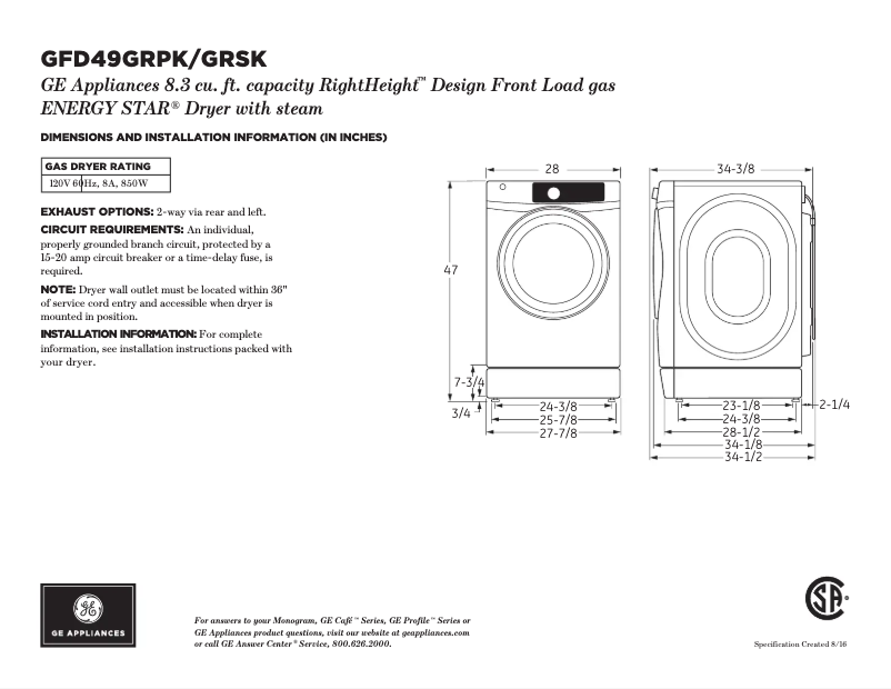 Page n°1 - Fiche technique GE GFD49GRSKWW