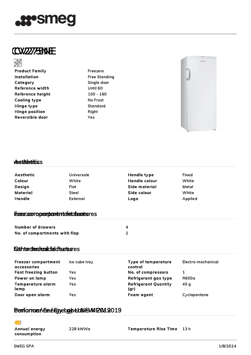 Page n°1 - Fiche technique Smeg CV275NE
