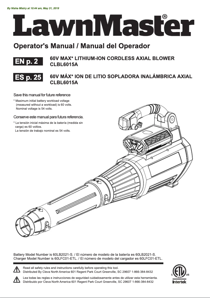 Page 1 de la notice Manuel utilisateur LawnMaster CLBL6015A
