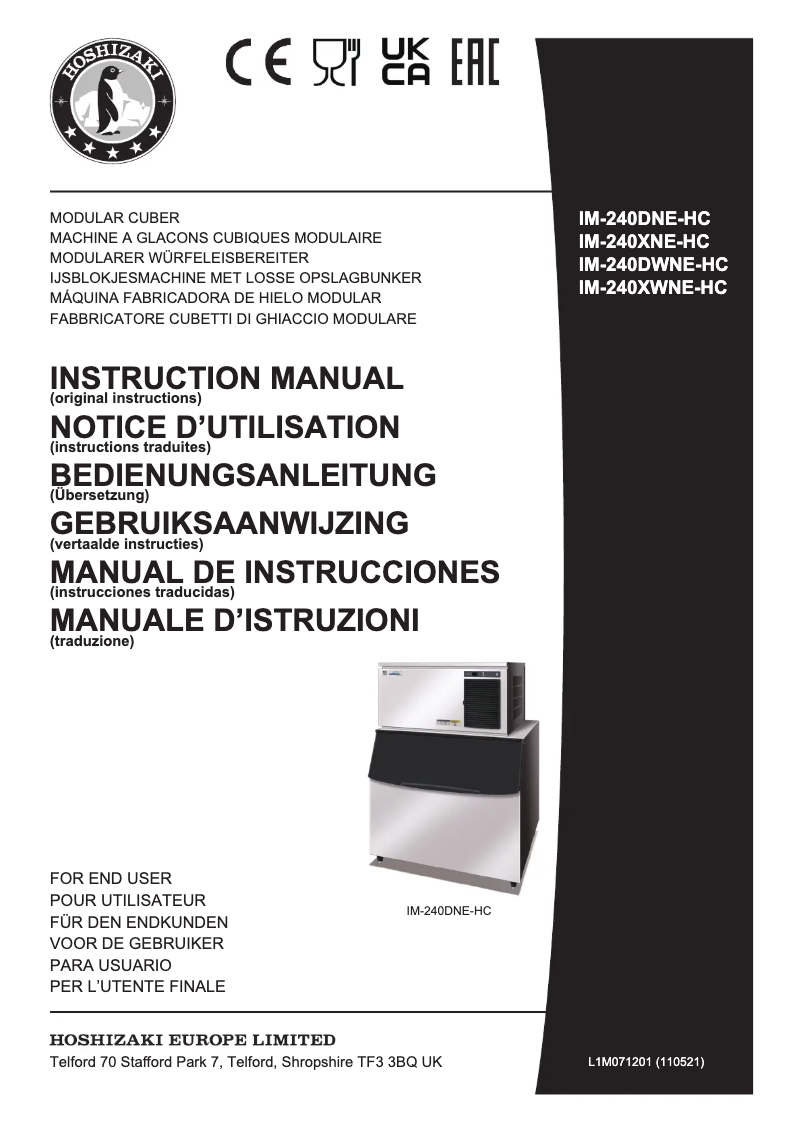 Page 1 de la notice Manuel utilisateur Hoshizaki IM-240DWNE-HC
