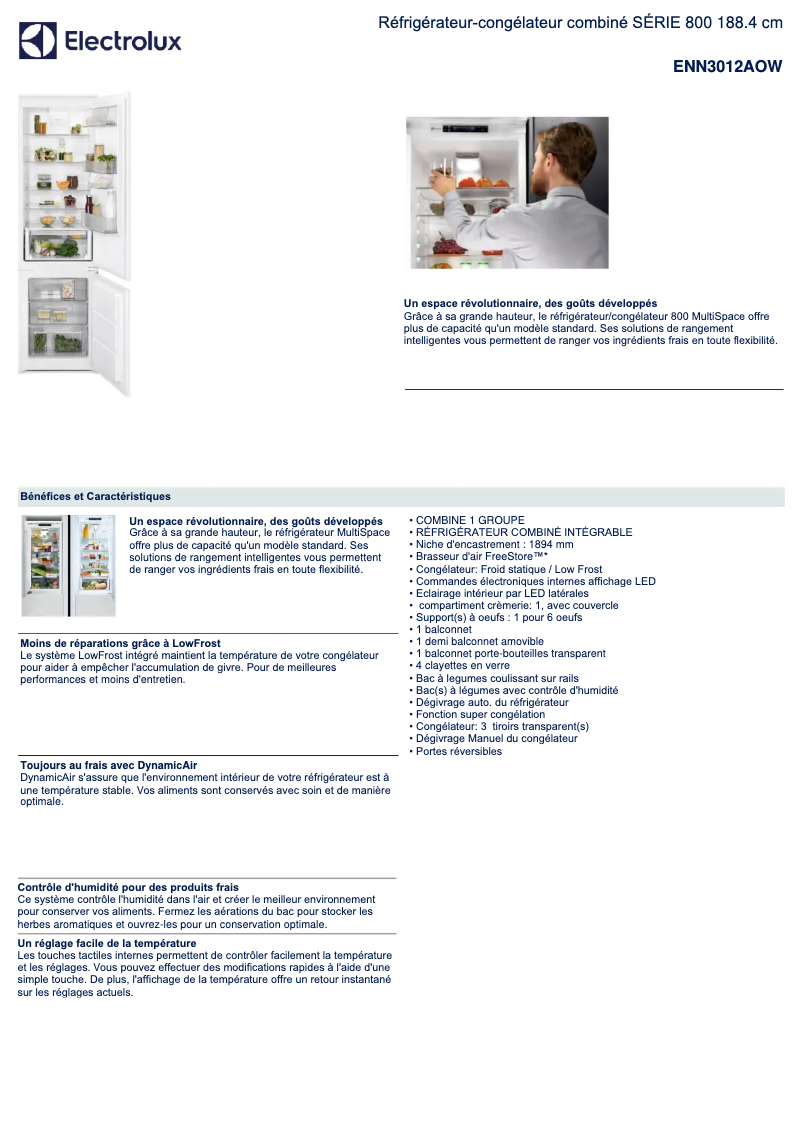 Page 1 de la notice Fiche technique Electrolux ENN3012AOW