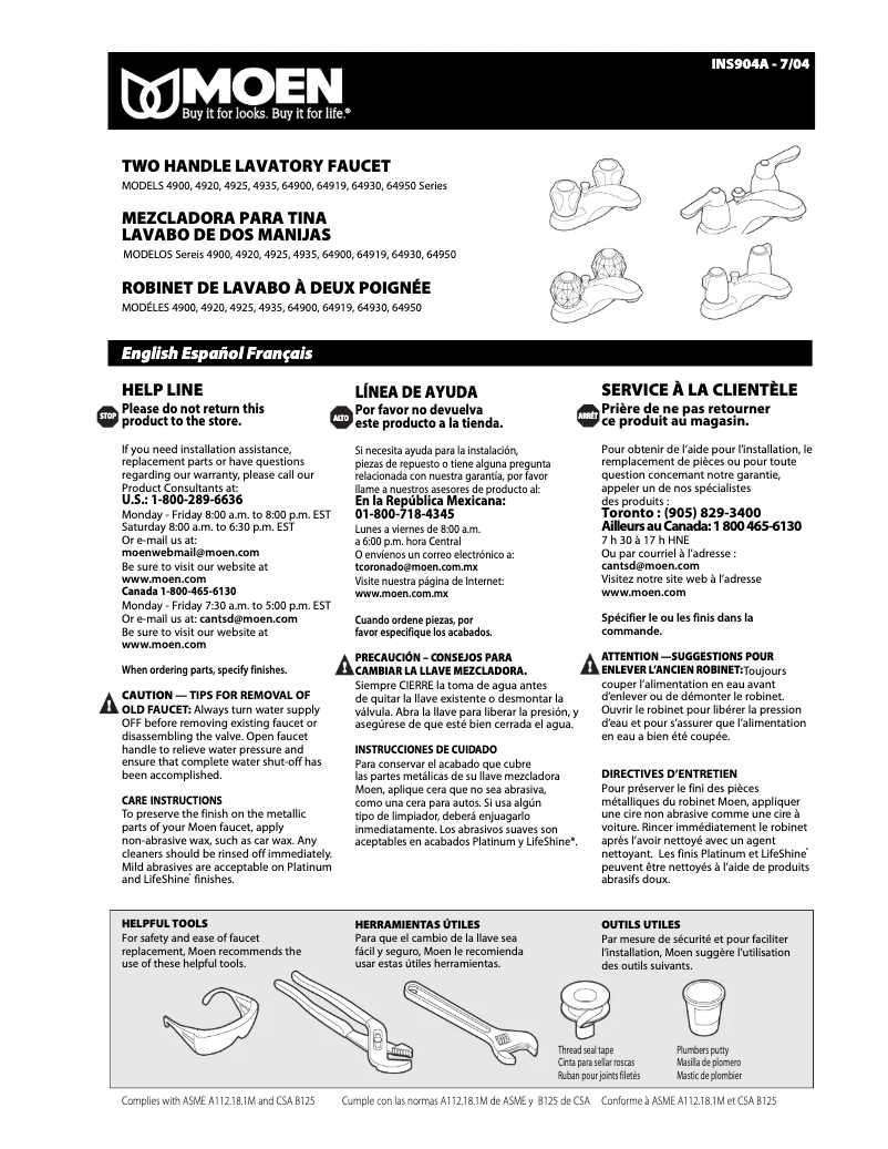 Page 1 de la notice Manuel utilisateur Moen Chateau 4925