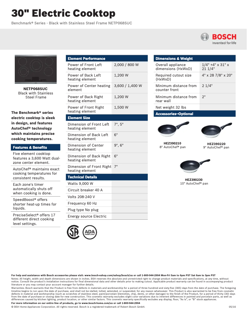Page 1 de la notice Fiche technique Bosch NETP068SUC