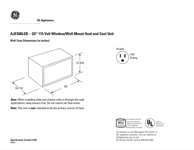 Página 1 del manual Ficha técnica GE AJES06LSB