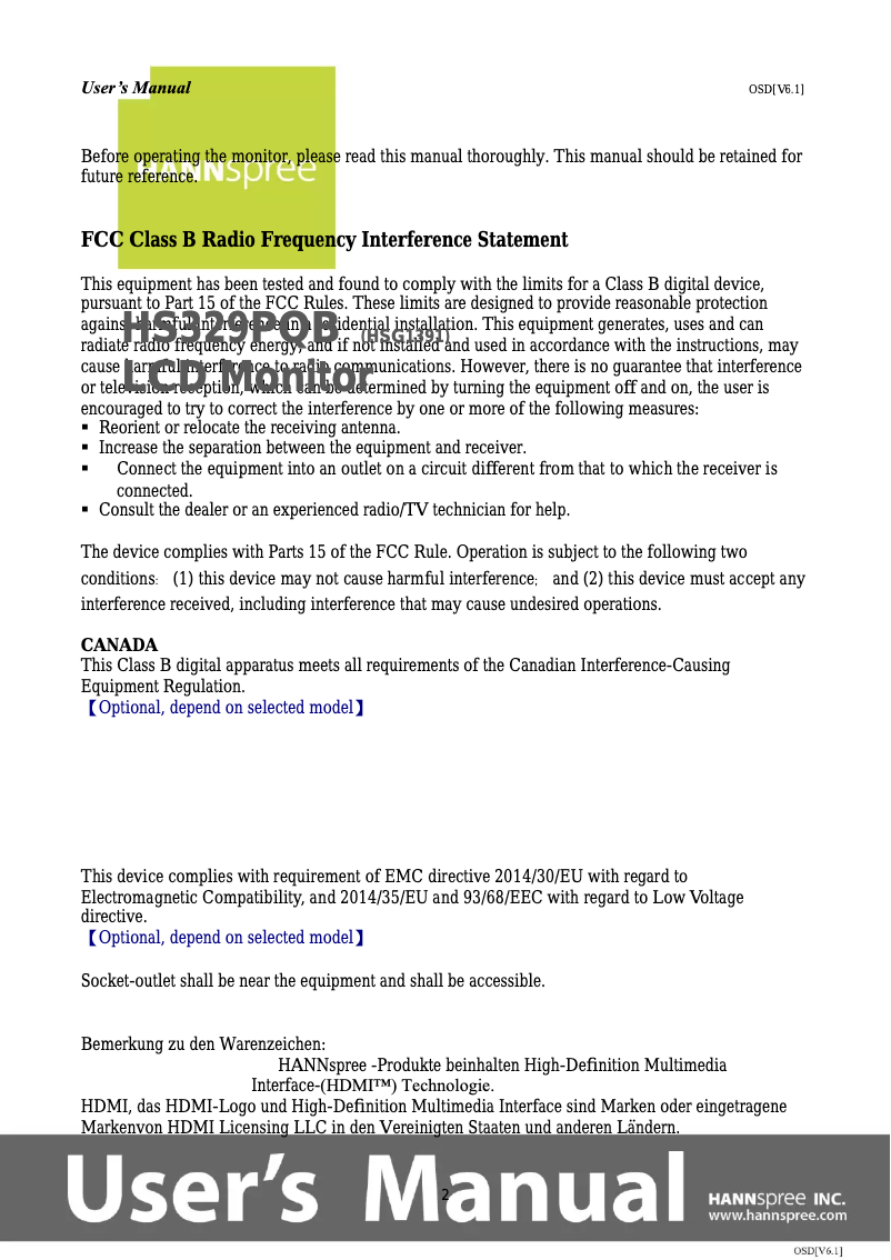 Page 1 de la notice Manuel utilisateur Hannspree Hanns.G HS 329 PQB